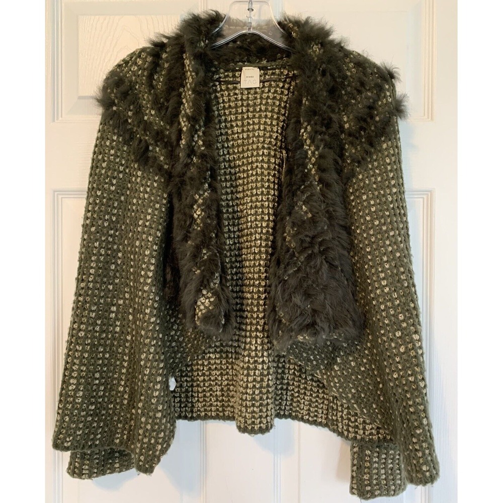 Pinko Tag Open Front Waterfall Cardigan Sweater Fur Trim Metallic Weave Small